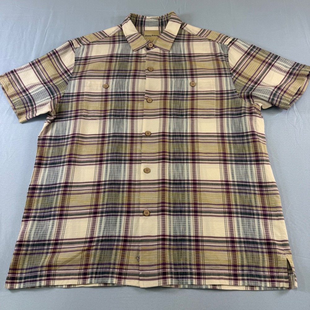 Tommy Bahama Mens Large Silk Cotton Plaid Short Sleeve Button Down Shirt Purple